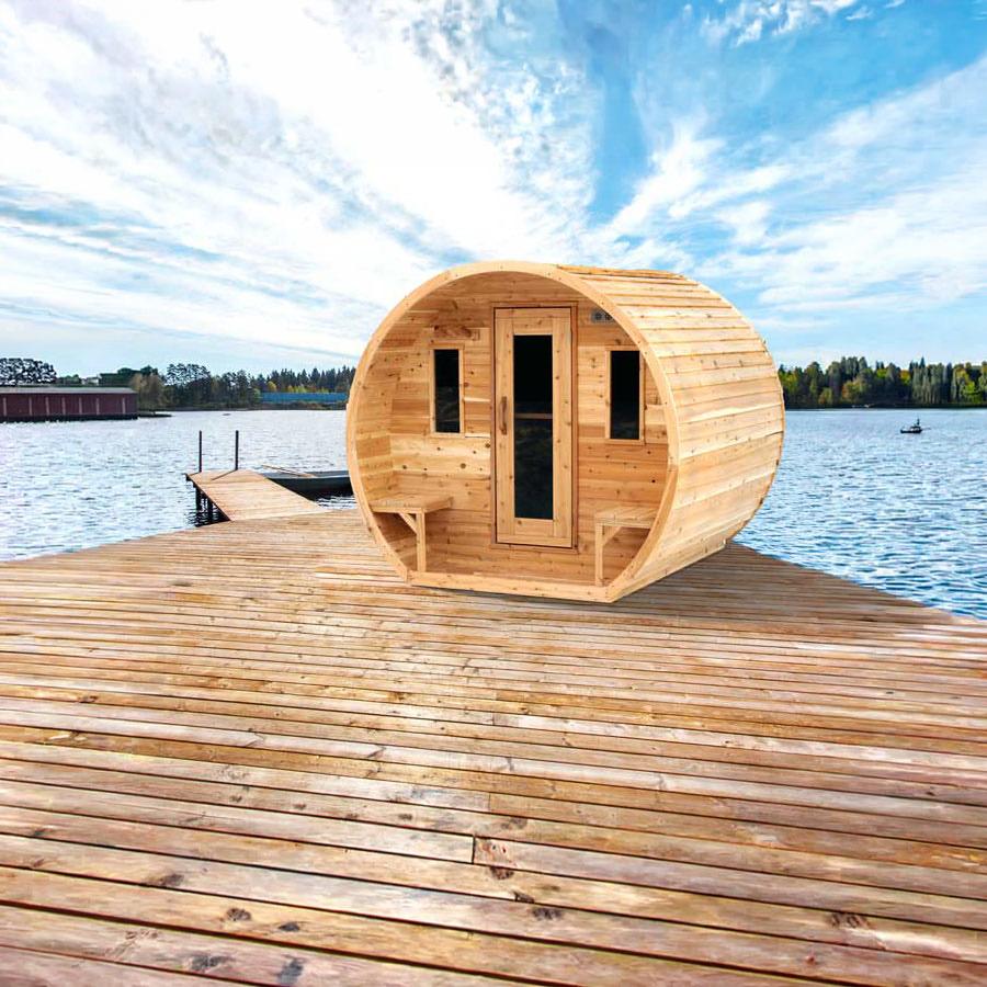 Canadian Timber cedar sauna on a lakeside dock