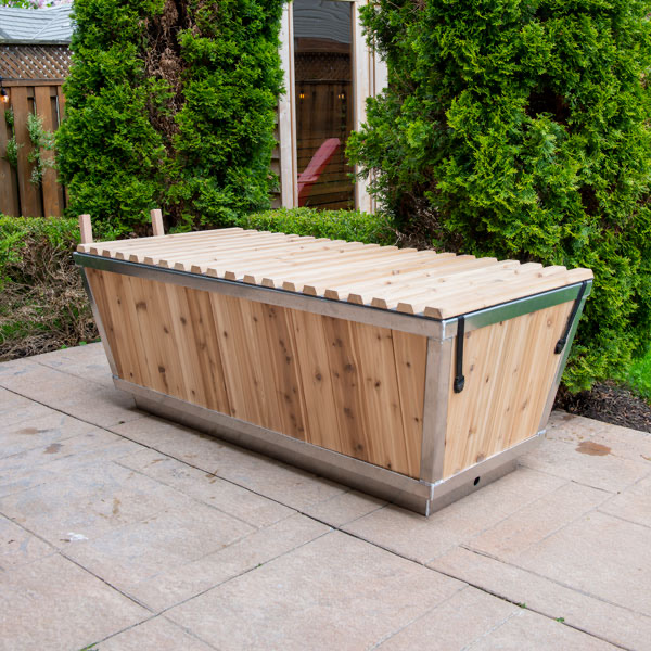 Cedar cold plunge tub with roll-top cover